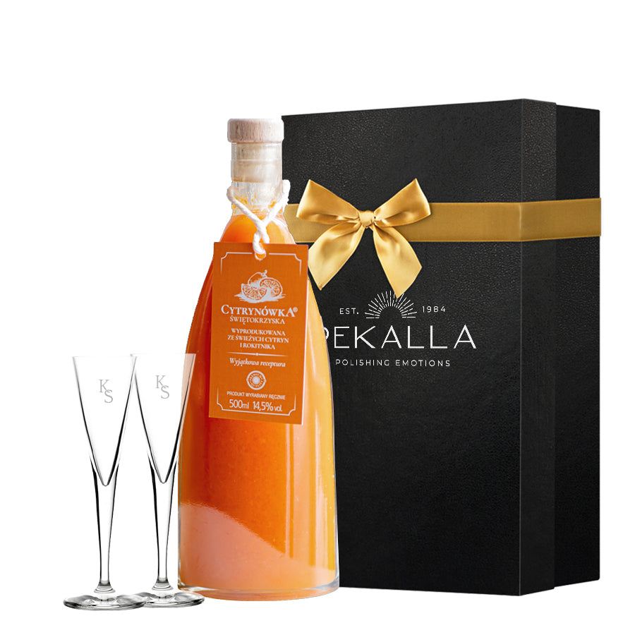 Zestaw Cytrynówka Świętokrzyska z Cytryn i Rokitnika + 2 kieliszki do nalewki z grawerem
