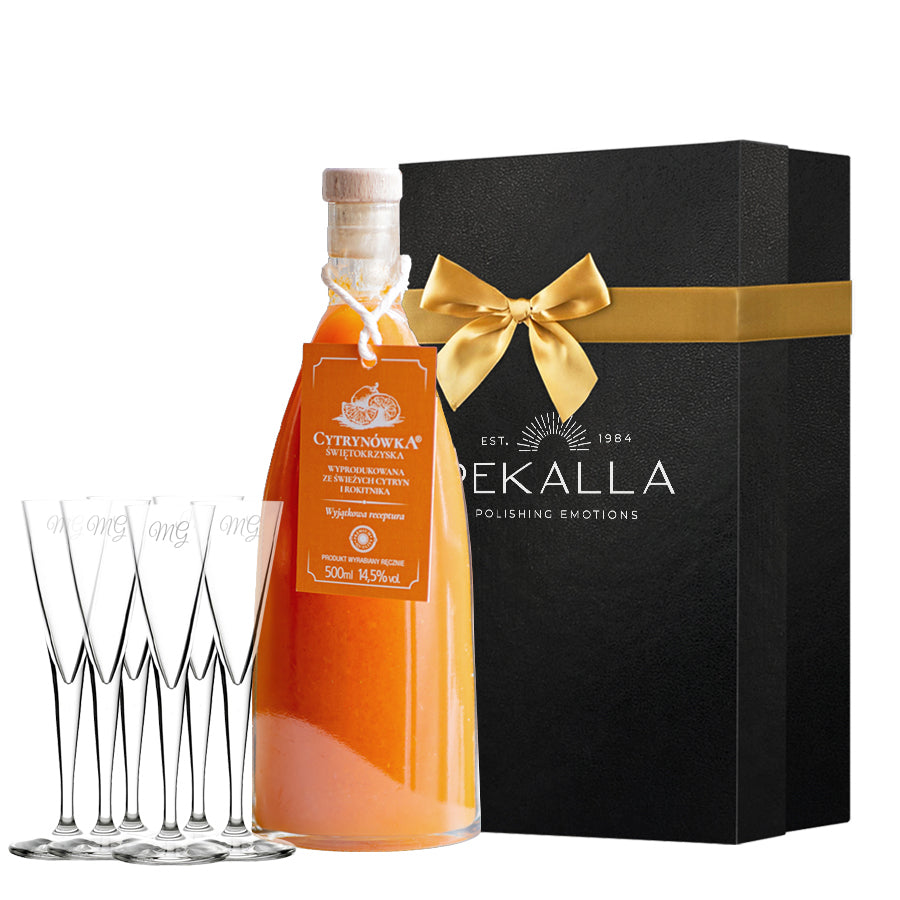 Zestaw Cytrynówka Świętokrzyska z Cytryn i Rokitnika + 6 kieliszków do nalewki z grawerem (Kopia)