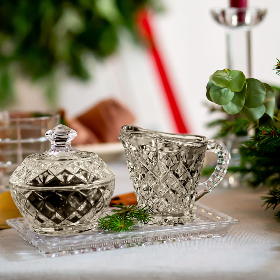 Crystal set Mocha sugar bowl, creamer and tray, 3 pieces