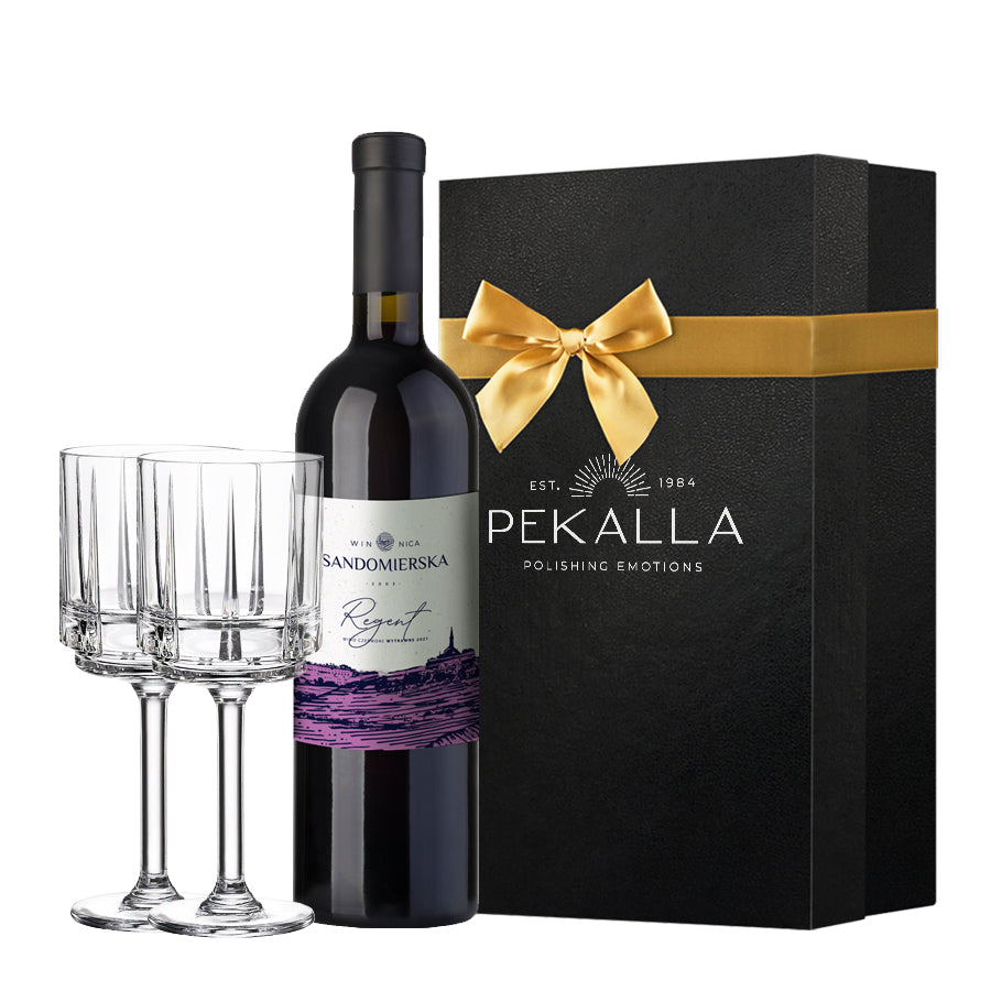 Zestaw LINEA Czerwone wino z Winnicy Sandomierskiej + 2 kieliszki do wina z grawerem