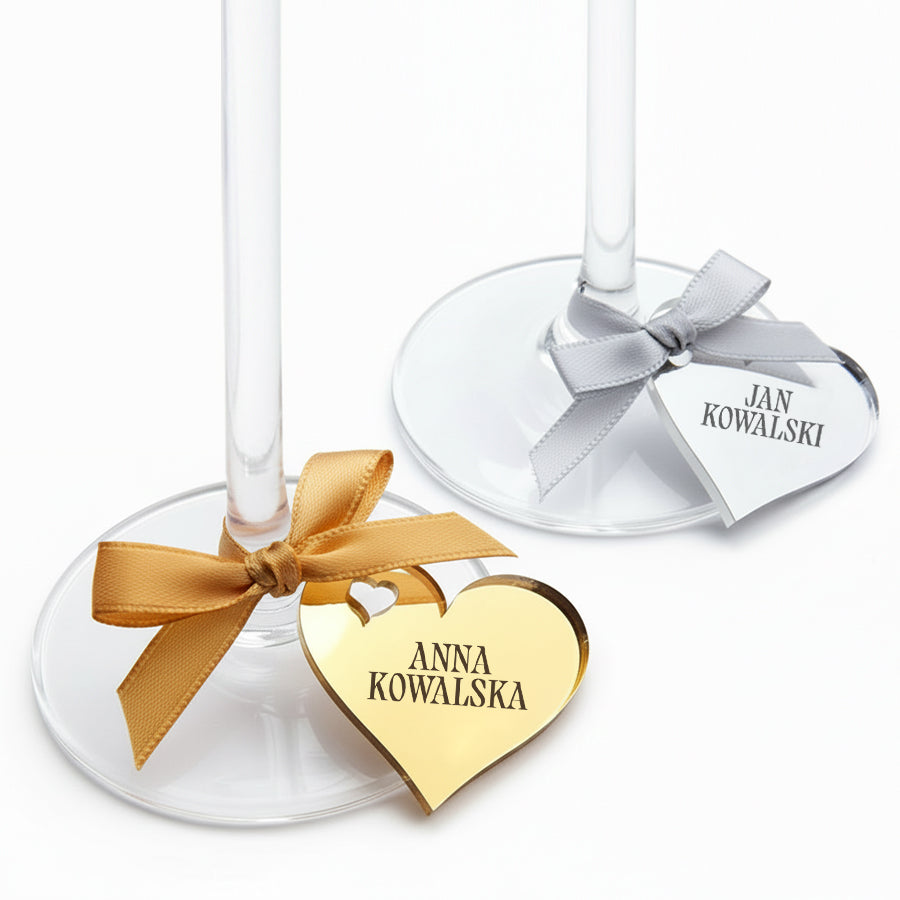 Złota winietka na kieliszek z imieniem personalizowana zawieszka z pleksi dla gości