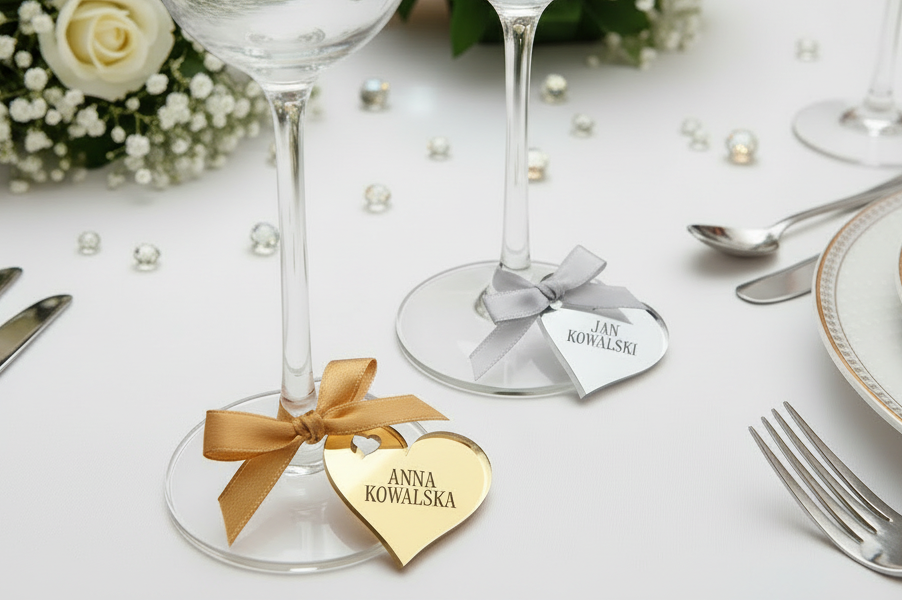 Złota winietka na kieliszek z imieniem personalizowana zawieszka z pleksi dla gości